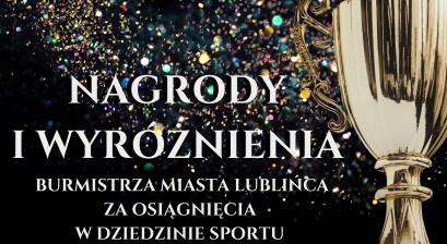 Grafika promująca ogłoszenie naboru do nagród i wyróżnień sportowych. W tle puchar na brokatowym tle.