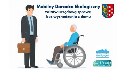 grafika urzednika z teczka i starszej osoby na wózku inwalidzkim