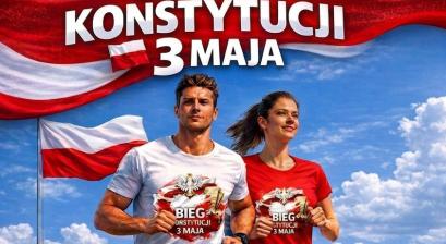 Grafika - 2 osoby w białej i czerwonej koszulce z motywem patriotycznym na tle biało-czerwonej flagi 