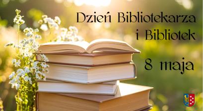 Grafika z książkami i napisem Dzień Bibliotekarza i Bibliotek 