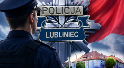 policjant stojący plecami w tle odznaka policji jednostki w Lublińcu i komisariat policji w Lublińcu