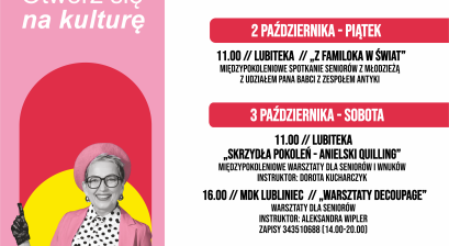 Seniorka w różowym żakiecie i program wydarzenia 