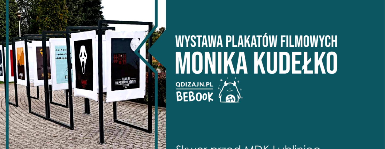 Na grafice zdjęcie systemu wystawienniczego z zawieszonymi plakatami 