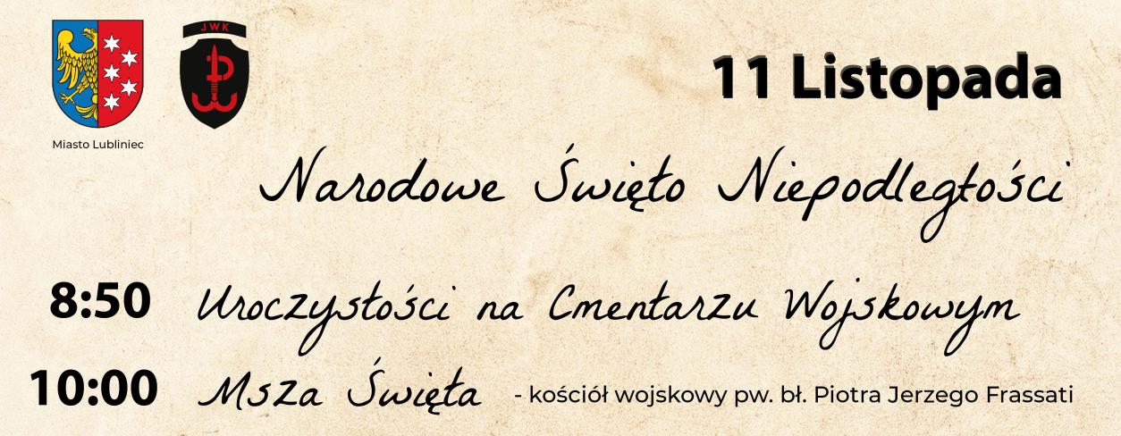 plakat obchodów Narodowego Swięta Niepoldegłości w Lublńcu kawałek lublinieckiego rynku z rzucem na szkołę muzyczną i dom rzemiosła z flagą polski na pierwszym planie 