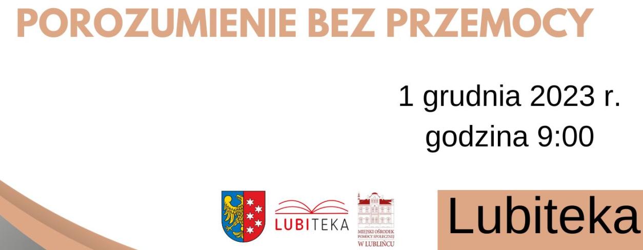 Porozumienie bez przemocy na plakacie dwa zdjęcia wpasowane w kształty koła na wiekszym po lewej 4 osoby stojące przy stole klaszczące w ręce, przy mniejszym dwie kobiety przy laptopie