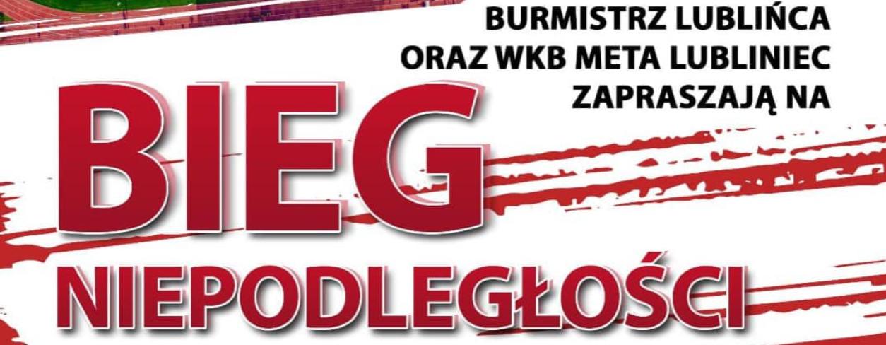 plakat biegu niepoległości z duzym tytułem i wzorem jaki zostanie ułożony przez zgromadzonych na boisku przez uczestników