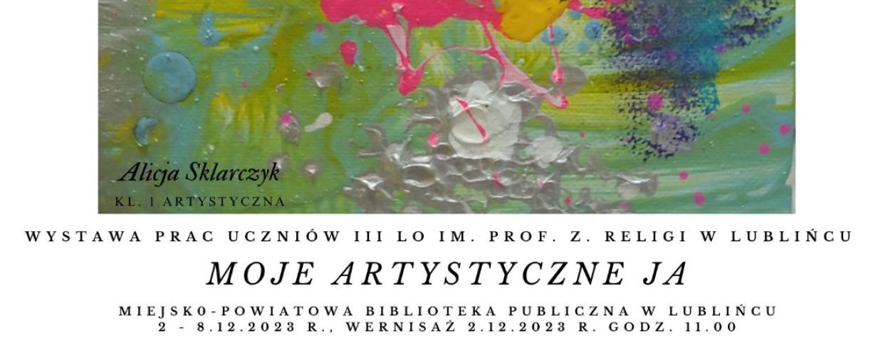 plakat z wykorzystaniem pracy z abstrakcyjnym malarstwem żółte tło plamy niebieskiej i białej farby z rozmazanymi paskami różowej farby