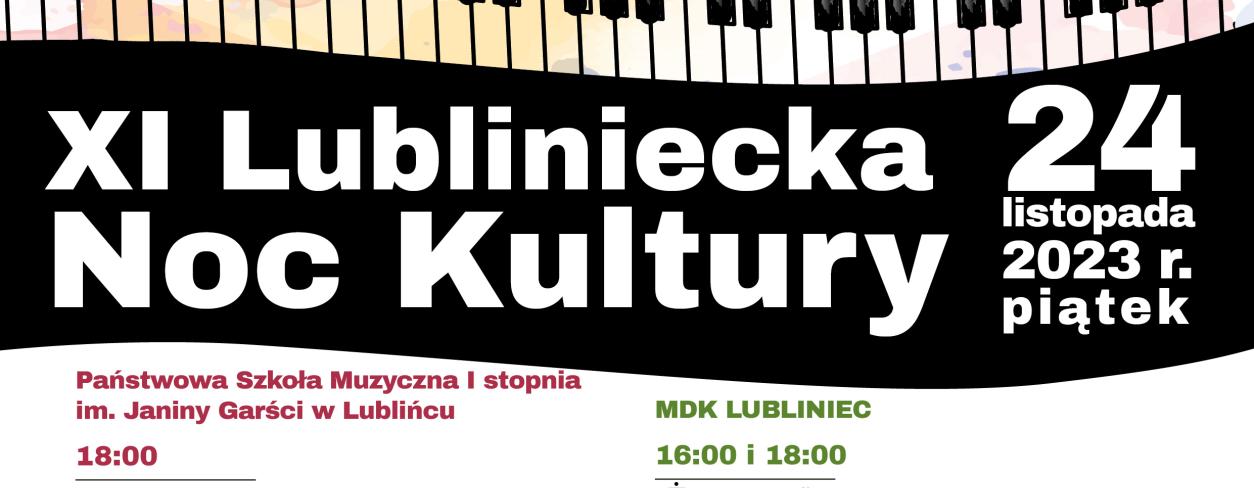 na górze plakatu rysunki instrumentów plakat rozdzielony klawiszami pianina na dole opis wydarzenia