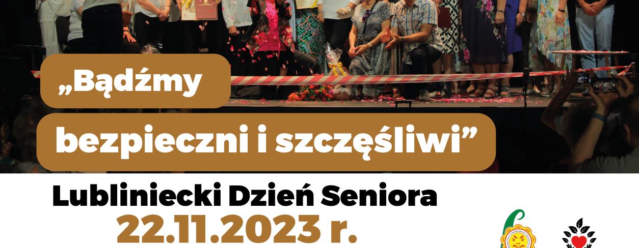 plakat Dnia Seniora 22.11.2023 plan wydarzeń MDK i Lubiteka z zdjęciem grupy teatralnej z Redy