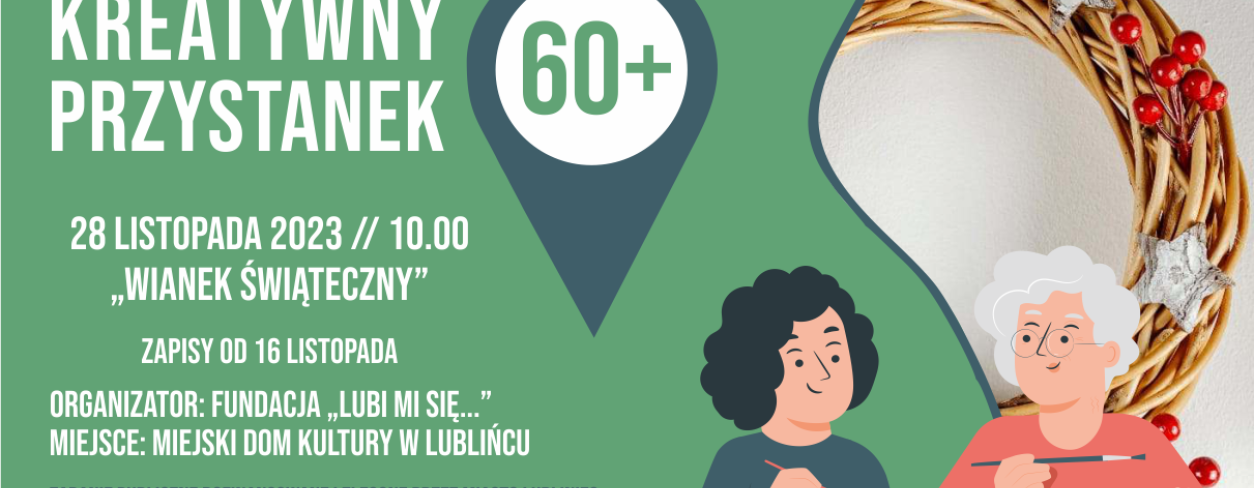 Grafika z dwoma kobietami w starszym wieku i wiankiem z elementami dekoracji świątecznych