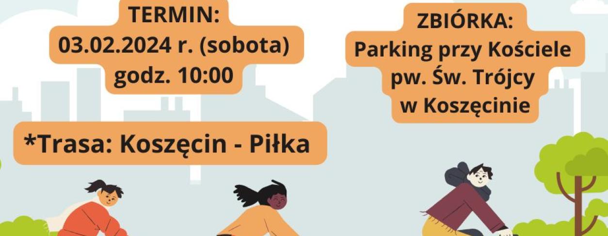 Plakat zapraszający na wycieczkę rowerową. Trzech rowerzystów jedzie ścieżką rowerową, w tle widać drzewa i budynki.