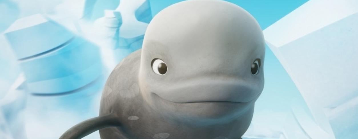 plakat filmu „KATAK. PODWODNA PRZYGODA”  białuch wyłaniający się z wody zbitej lodem wraz z przyjaciółmi 