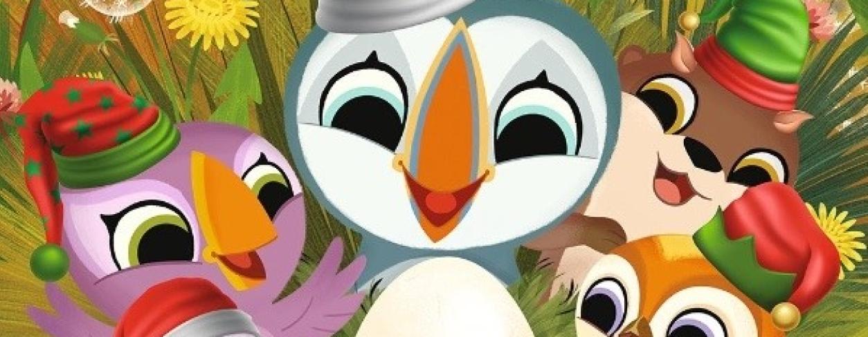 plakat filmu „WYSPA PUFFINÓW. NOWI PRZYJACIELE”z rysunkowymi postaciami bohaterów filmów przemiłymi ptaszkami puffinami