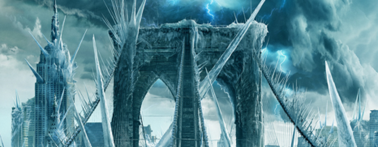 Plakat filmu POGROMCY DUCHÓW: IMPERIUM LODU. Ekipa pogromców duchów stojąca na moście prowadzącym do miasta pokrytego lodem.