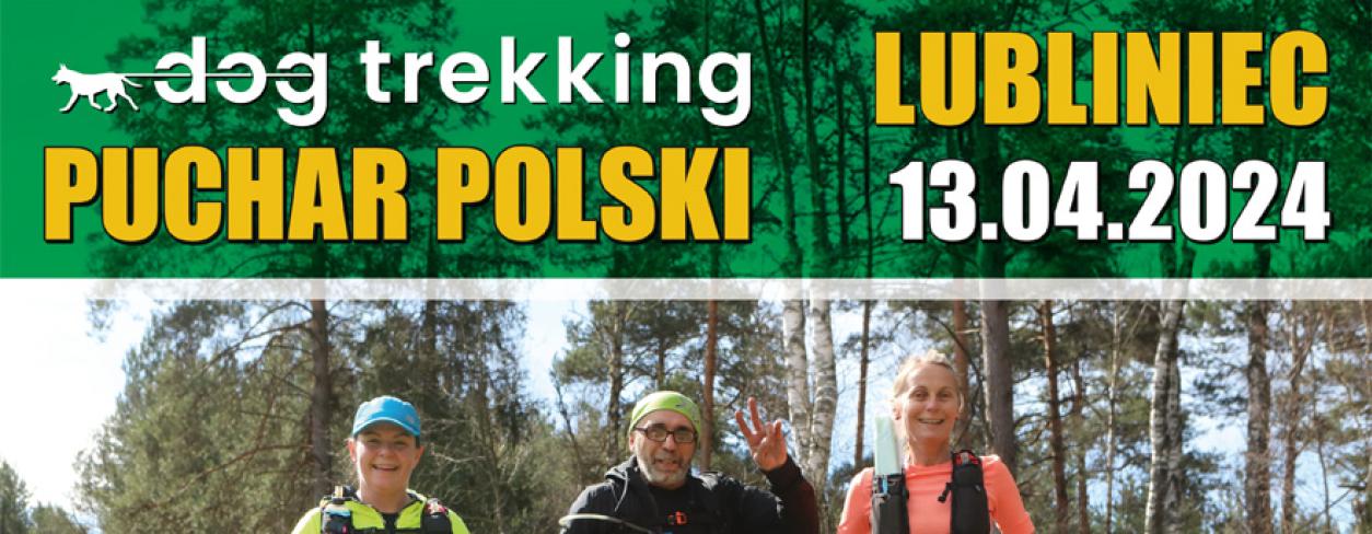 plakat zawodów o puchar dogtrekkingu w Lublińcu na zdjęciu grupa uczestników biegu wraz z swoimi psami biegnących po jednej z wyznaczonych tras w lecie 