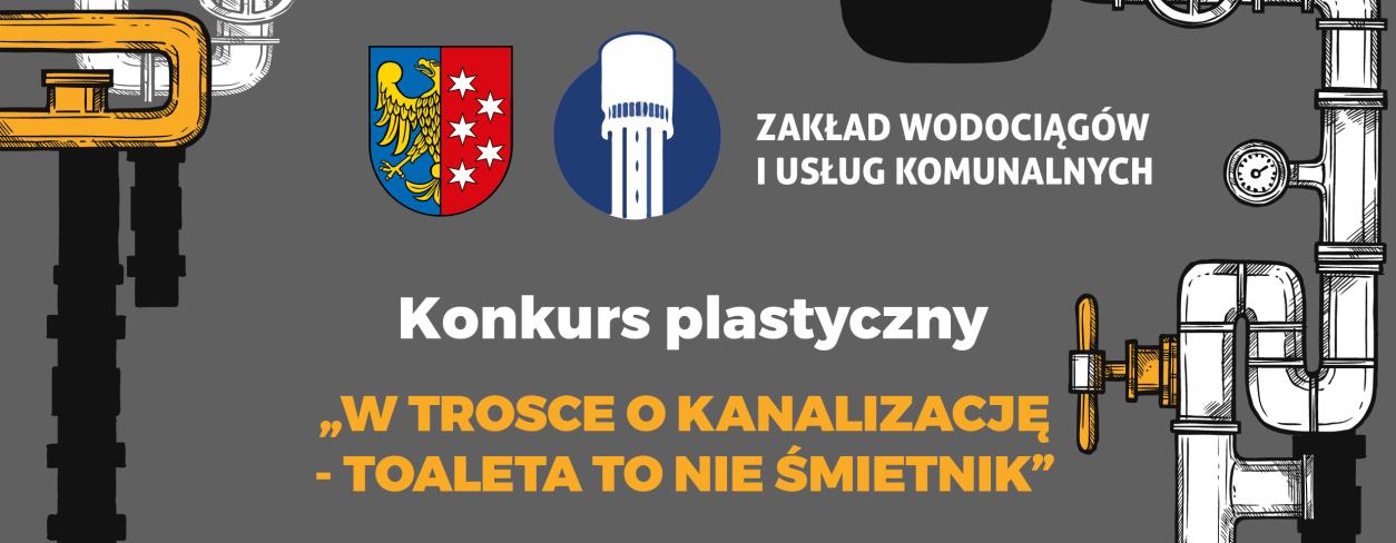 plakat informujący o konkursie tekst jak w opisie, grafika rysowane rury kanalizacyjne