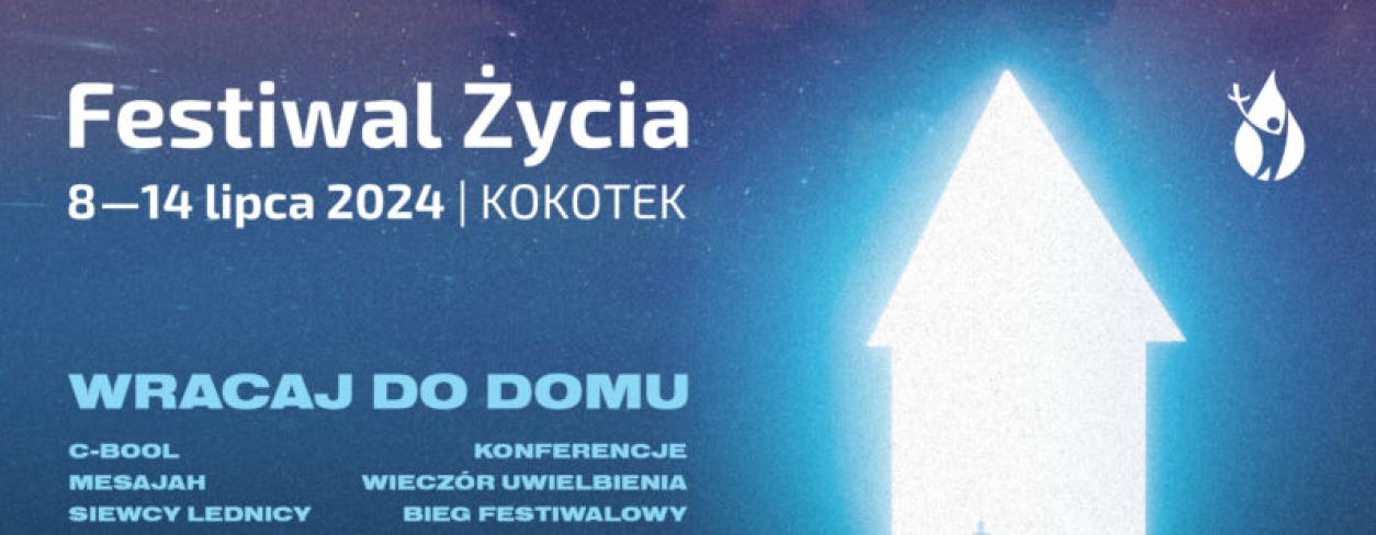 Plakat w niebieskich kolorach z programem Festiwalu Życia