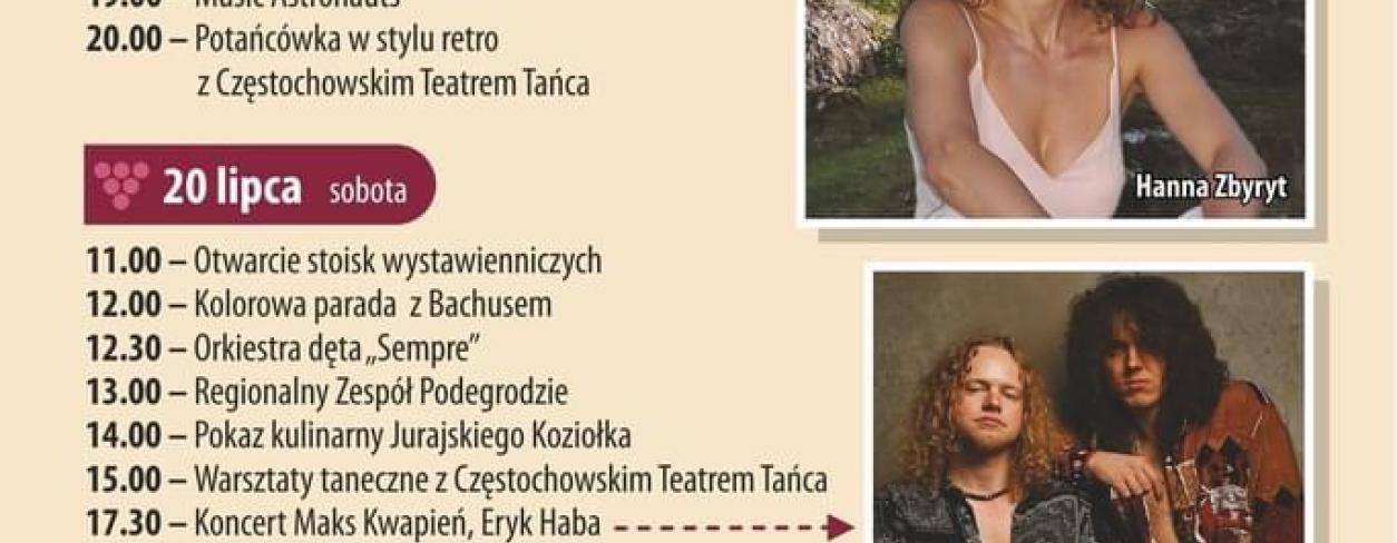 plakat wydarzeń związanych z VIII Jurajskiego Festiwalu Sztuki i Wina w Olsztynie k. Częstochowy  Miejska Orkiestra Dęta z Lublińca wystąpi 20 lipca o godz 19:00