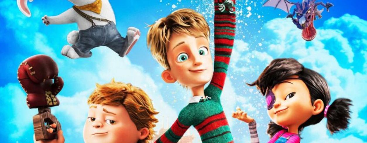Plakat filmu ŁOWCY PRZYGÓD. Główni bohaterowie stojący na zielonej łące. Wraz z nimi białe króliki. W tle latający smok