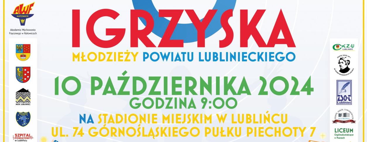 plakat z kołami olimpijskimi z informacją, że 10 października odbędą się na stadionie miejskim igrzyska 