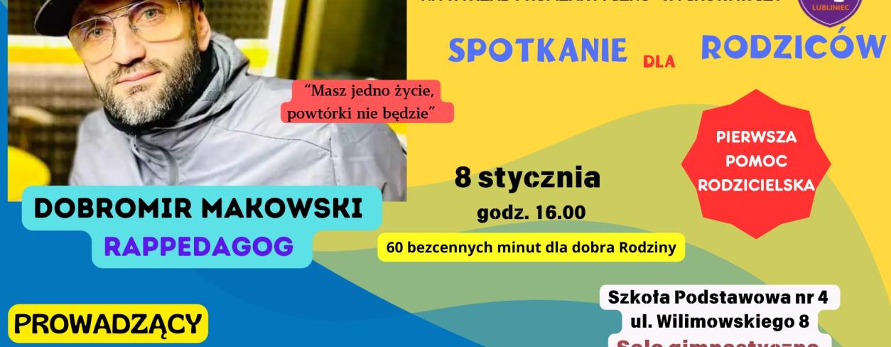 plakat infotmacyjny treść w opisie wydarzenia z małym zdjęciem prowadzącego spotkanie Dobromira Makowskiego