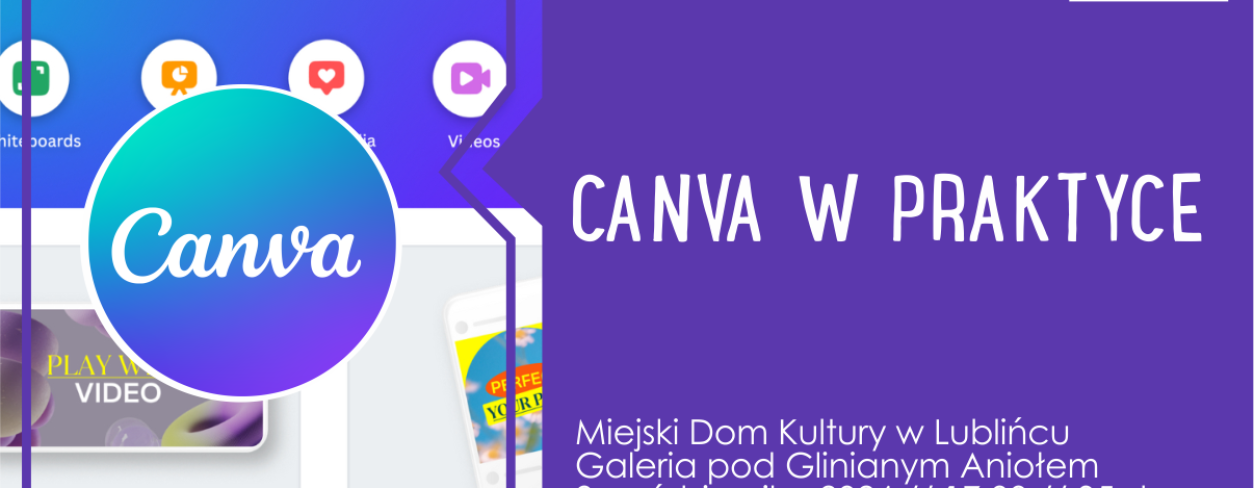 Grafika zapowiadająca warsztaty  ,,Canva w praktyce. Od pomysłu do gotowego projektu’'