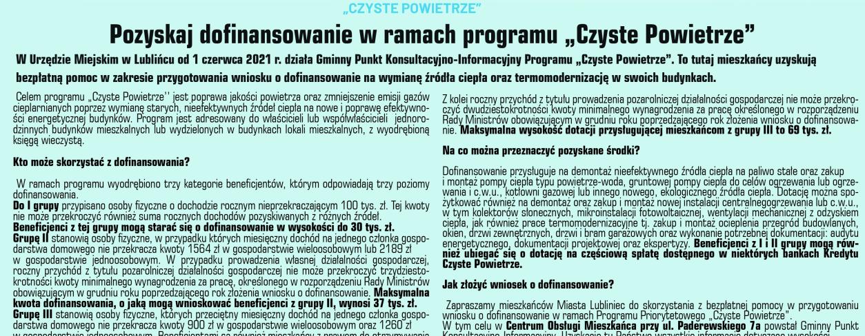 Treść infografiki dostępna w załączniku o dostacjach dotyczących dofinansowania programu Czyste powietrze.