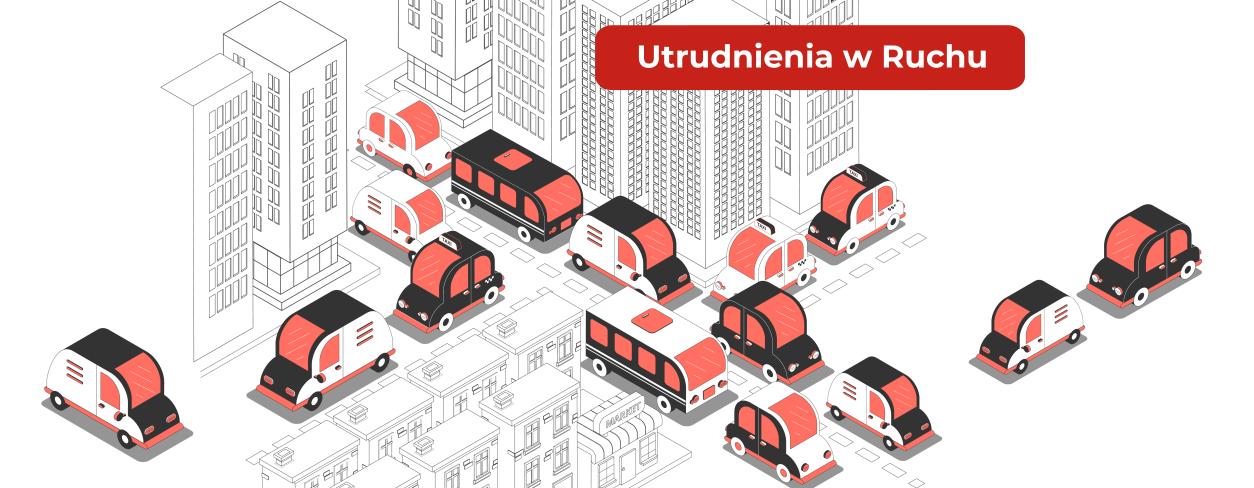 Rysunek miasta naszkicowane bloki, ,między nimi stojące na ulicach jeden za drugim auta w korku. 