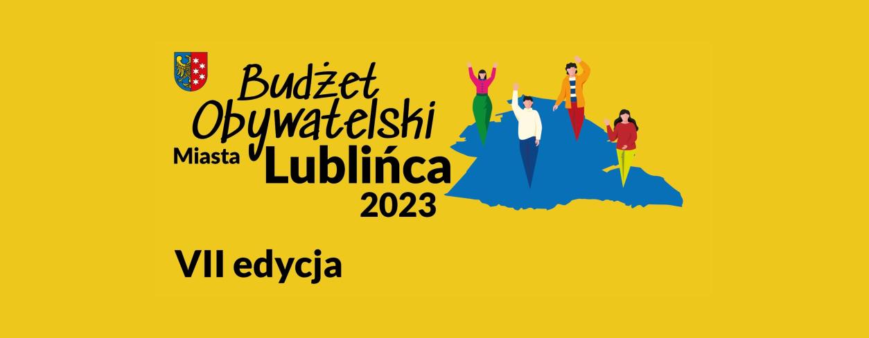 Plakat z nagłówkiem w treści: Budżet Obywatelski Miasta Lublińca 2023 7.edycja, na żółtym tle z logiem budżetu obywatelskiego