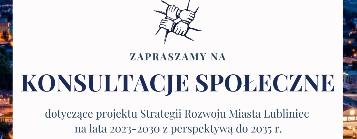 konsultacje społeczne informacja na tle zdjęcia z panoramą Lublińca - informacja w treści 