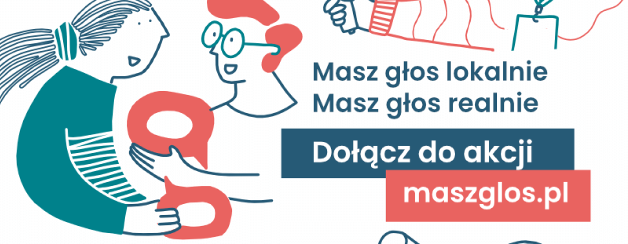 narysowane postacie rozmawiające ze sobą z podpisami "Masz głos lokalnie, masz głos realnie" Fundacji Batorego opis akcji masz głos w treści aktualności 