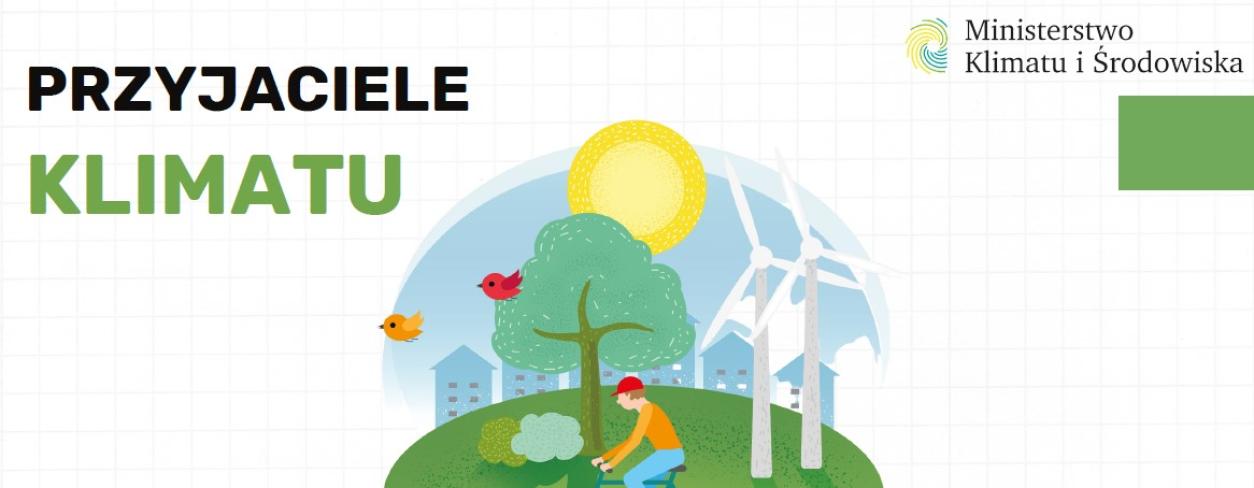 Tekst z lewej strony u góry - Przyjaciele klimatu, na środku człowiek przejeżdżający przez zagajnik na rowerze, po prawej u góry logo MKiŚ, na dole "Sfinansowano ze środków NFOŚiGW"