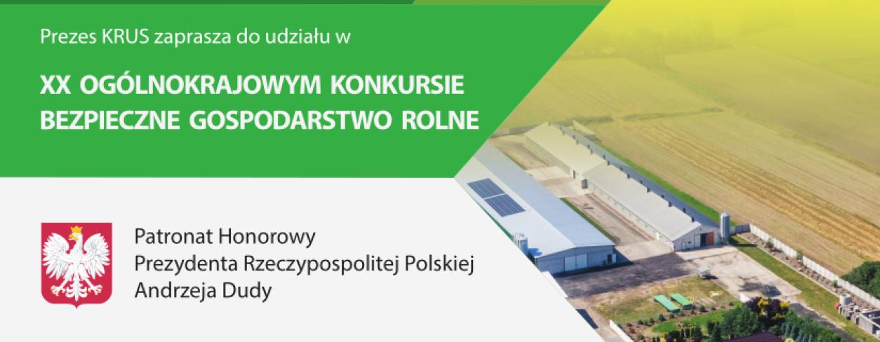 Plakat z obrazem gospodarstwa w tle i promujący udział w XX Ogólnokrajowym Konkursie Bezpieczne Gospodarstwo Rolne