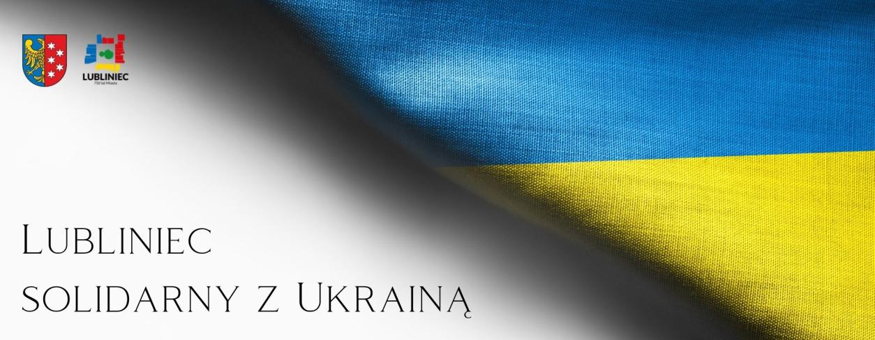 Flaga Ukrainy z herbem Lublińca i logo obchodów jubileuszu 750 - lecia Lublińca