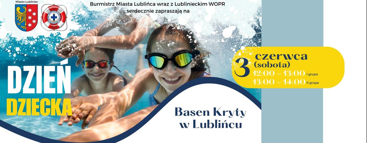 Plakat z grafiką dzieci nurkujących w tle oraz napisem Dzień Dziecka na Basenie Krytym w Lublińcu z terminem wydarzenia