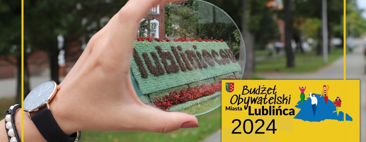 Ręka z lupą i napisem Lubliniec. Plakat Budżetu Obywatelskiego 2024 