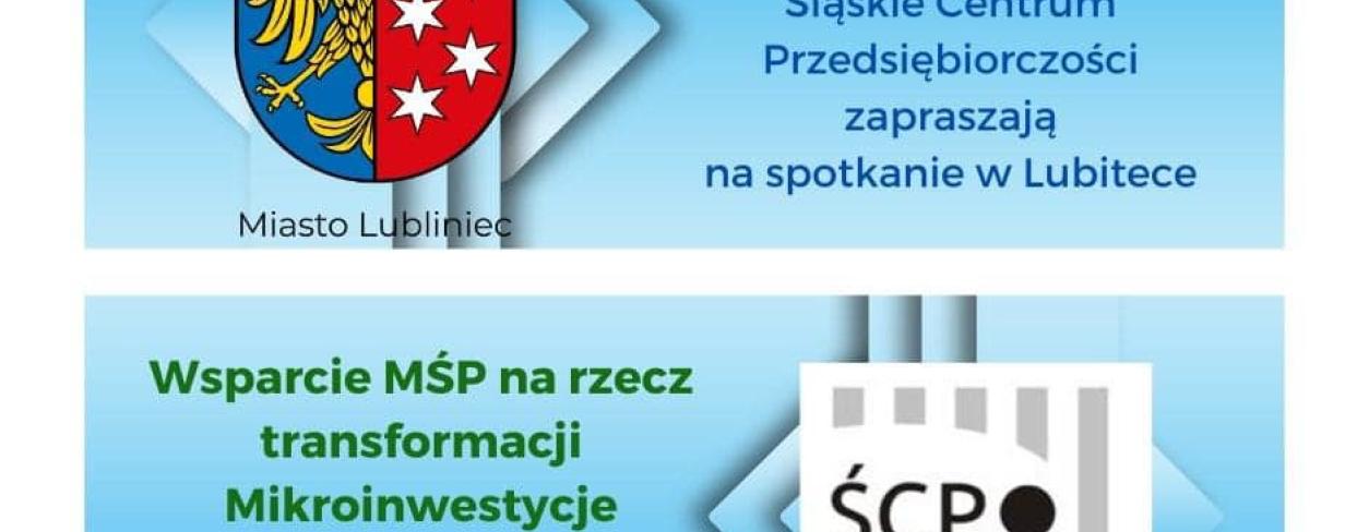 Grafika - herb Lublińca oraz logo Śląskiego Centrum Przedsiębiorczości 