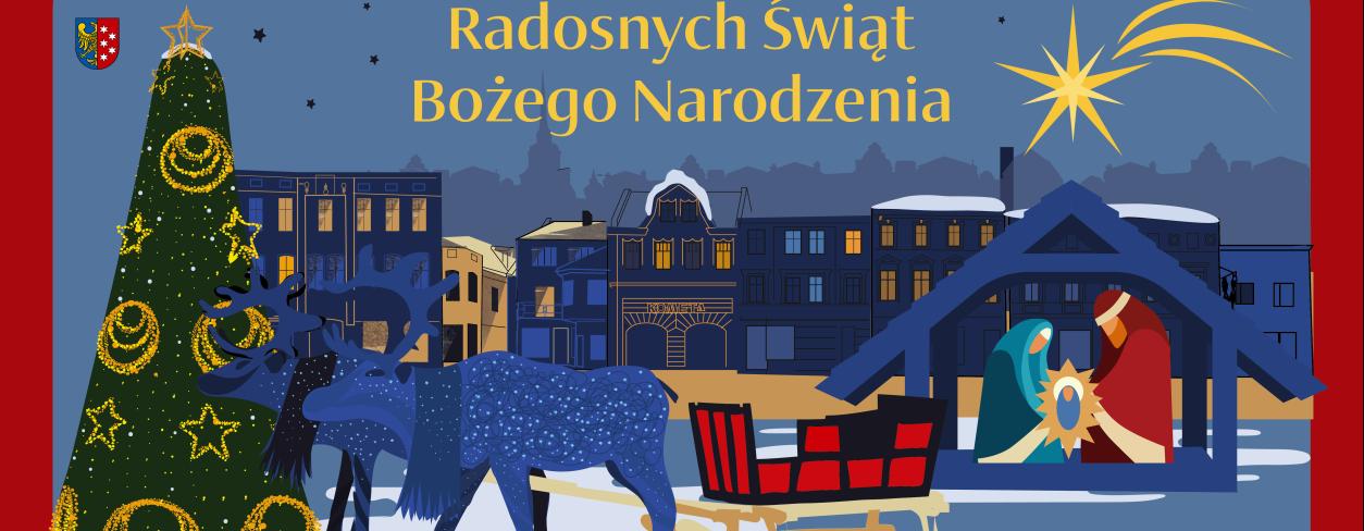 kartka świąteczna z widokiem rynku miejskiego wraz z choinką miejska i dekoracjami świątecznymi na rynku miejskim 