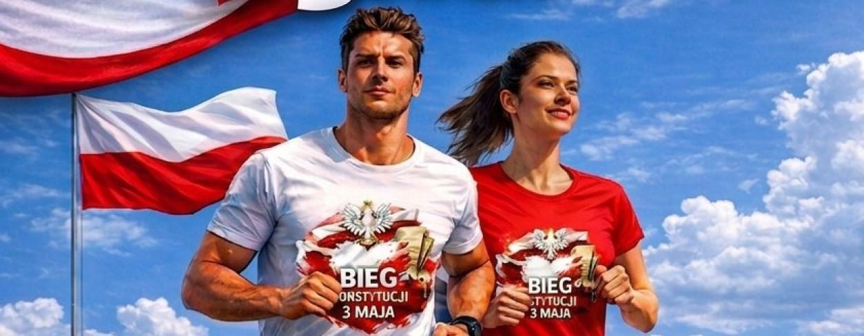 Grafika - 2 osoby w białej i czerwonej koszulce z motywem patriotycznym na tle biało-czerwonej flagi 