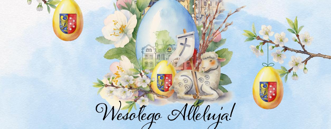 Kolorowa grafika w tle miasto Lubliniec na pierwszym planie świąteczna pisanka z namalowanym urzędem miejskim obok leży wielkanocny baranek całość oprawiona kwitnącymi wiosennymi gałązkami 