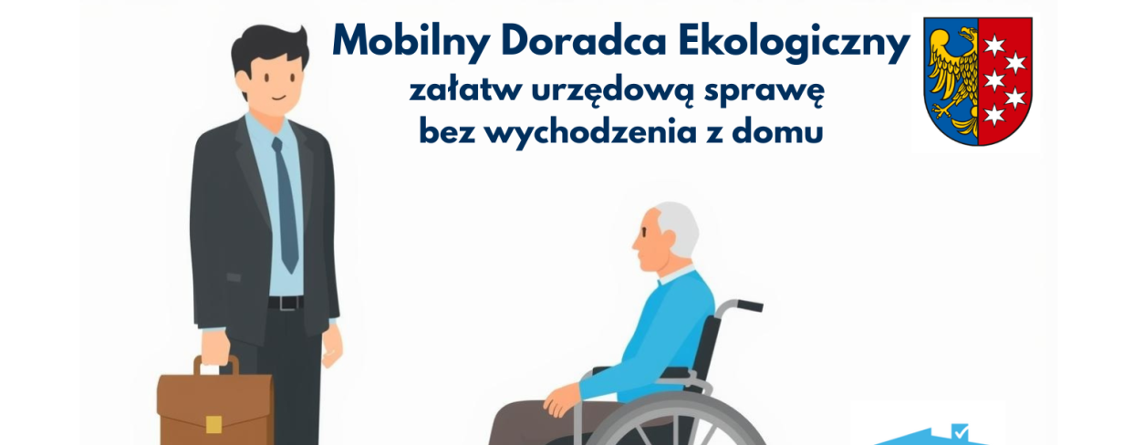 Grafika przedstawiająca urzędnika i starszą niepełnosprawną osobę