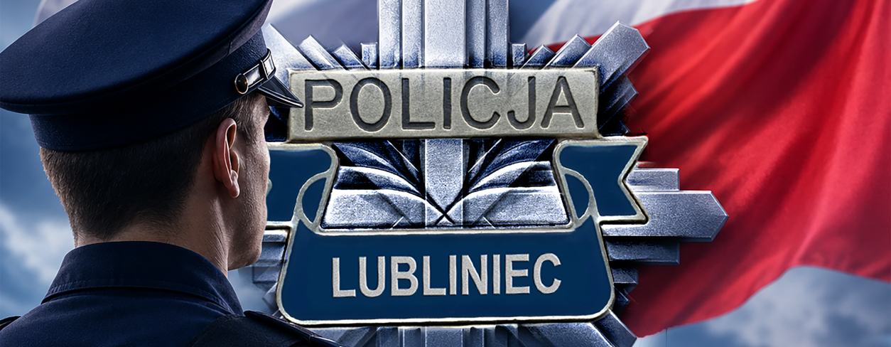 policjant stojący plecami w tle odznaka policji jednostki w Lublińcu i komisariat policji w Lublińcu