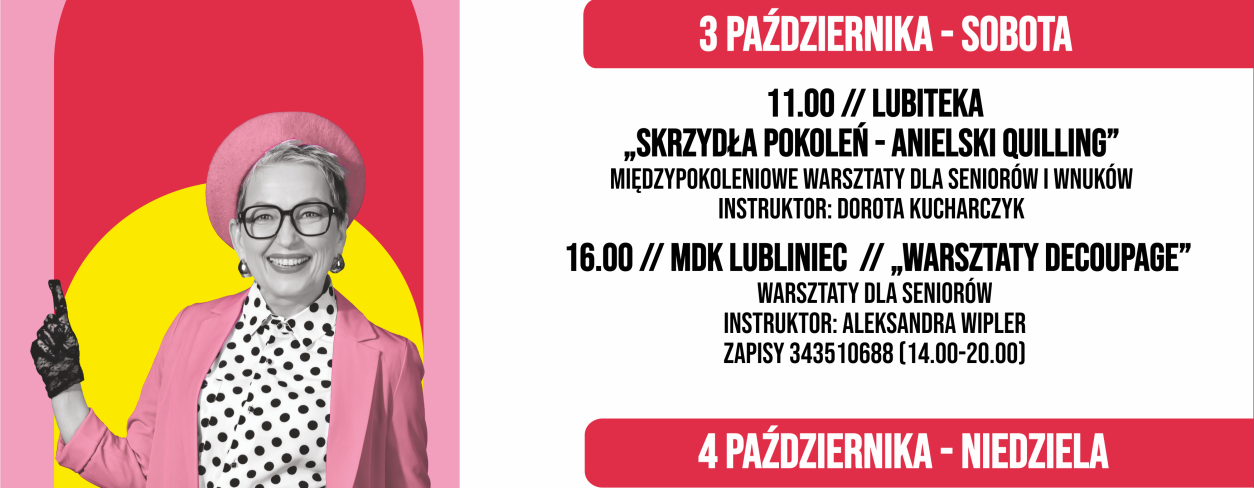 Seniorka w różowym żakiecie i program wydarzenia 