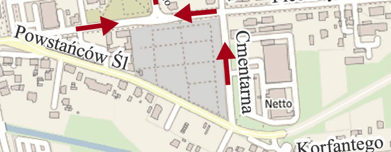 Mapa z zaznaczoną zmiana organizacji ruchu 