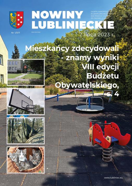 okładka Nowin Lublinieckich  duże zdjęcie placu zabaw przy mdk na pierwszym planie czerwona huśtawka samolot na sprężynie dla dzieci koło obrotowe, jako zwycięzca glosowania w tegorocznym Budżecie Obywatelskim z najwiekszą ilościa głosów. oraz cztery mniejsze zdjęcia kolejnych projektów które będą realizowane w 2024 roku czyli zdjęcie miasteczka rowerowego przy SP3 zdjęcie tablicy z koszem do gry w koszykówke , bunkier , kotkiw koszyku