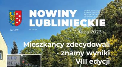 okładka Nowin Lublinieckich  duże zdjęcie placu zabaw przy mdk na pierwszym planie czerwona huśtawka samolot na sprężynie dla dzieci koło obrotowe, jako zwycięzca glosowania w tegorocznym Budżecie Obywatelskim z najwiekszą ilościa głosów. oraz cztery mniejsze zdjęcia kolejnych projektów które będą realizowane w 2024 roku czyli zdjęcie miasteczka rowerowego przy SP3 zdjęcie tablicy z koszem do gry w koszykówke , bunkier , kotkiw koszyku
