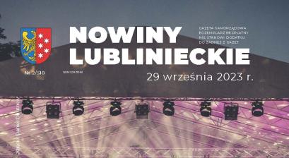 okładka Nowin Lublinieckich wyd 29 września 2023 r. na okładce zdjęcie Daniela Dmitriewa z koncertu na zakończenie wakacji orkiestra miejska na scenie pna Bulwarze Grotowskiego rozświetlona fioletowym światłem 