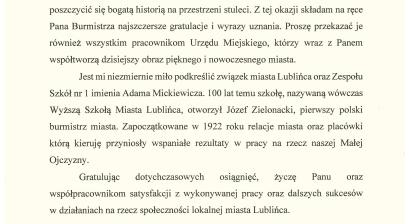 List gratulacyjny Adama Ożarowskiego – Dyrektor Zespołu Szkół nr 1 im. Adama Mickiewicza