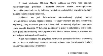 List gratulacyjny Agaty Woźniak-Rybki – Dyrektor Miejskiego Domu Kultury w Lublińcu