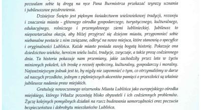 List gratulacyjny  Antoniego Szlagor – Burmistrz Miasta Żywca 